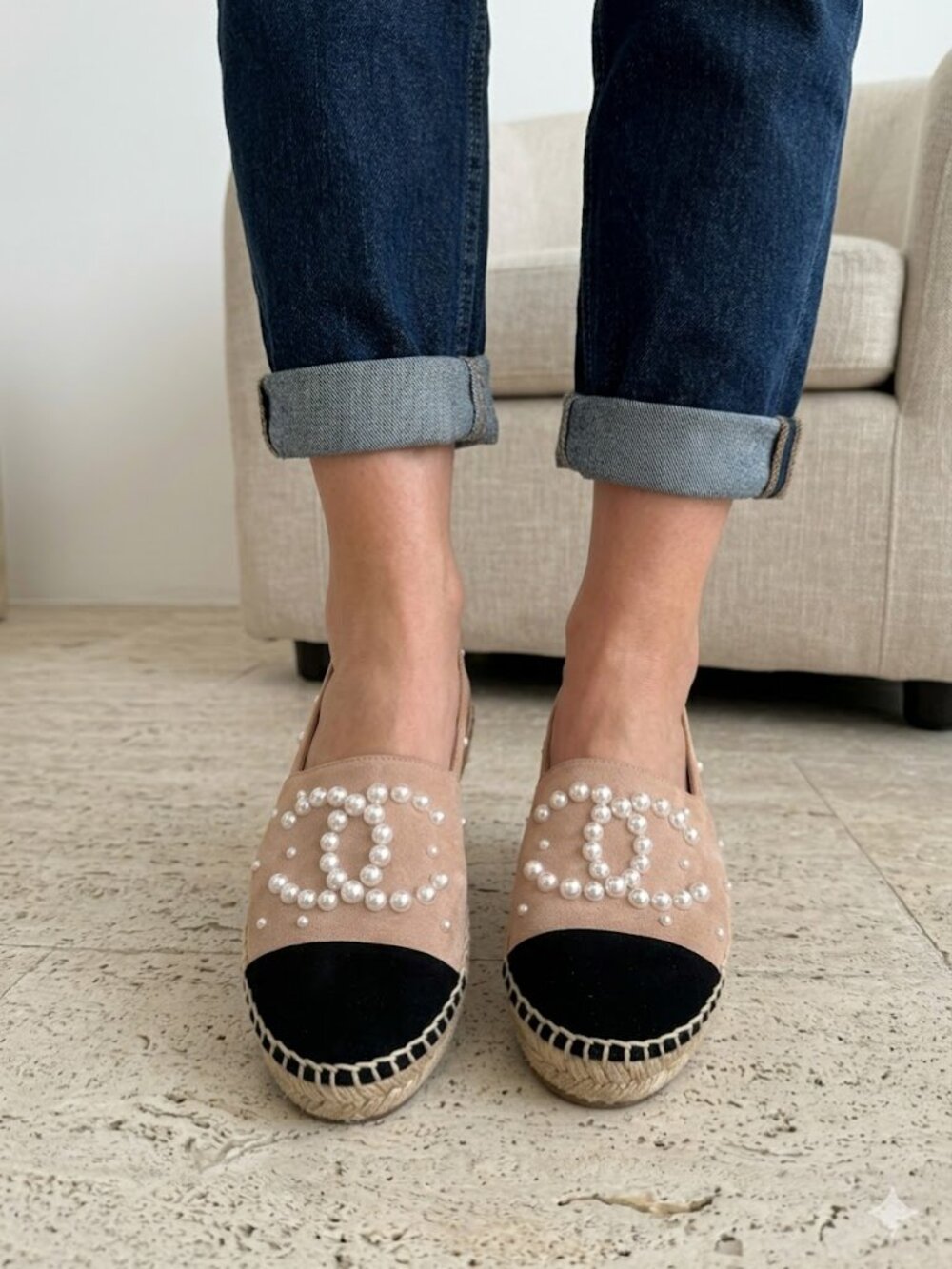 CHANEL Tan and Black Pearl-Embellished Suede Espadrilles - EU 38